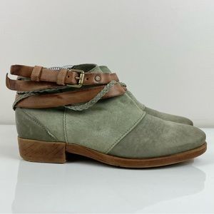 DONATED Women's Green Suede Ankle Boots with Brown Straps